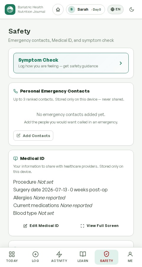 PureBariatric Journal app Safety screen with Symptom Check, personal emergency contacts, and a Medical ID you can share with your care team