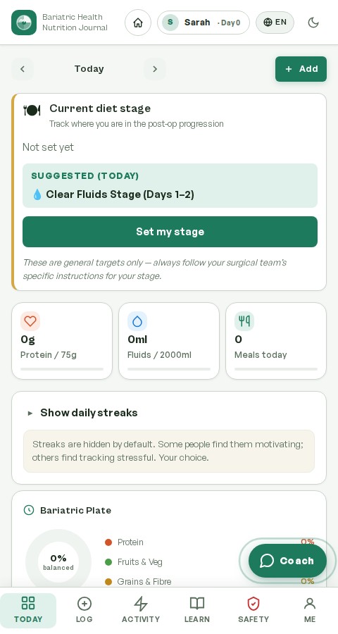 PureBariatric Journal app Today screen showing protein, fluid, and meal tracking, the Bariatric Plate balance ring, and the in-app Coach