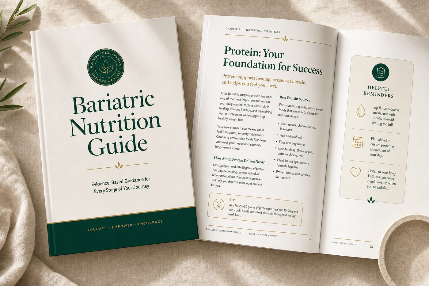 A printed PureBariatric nutrition guide beside an open article page covering protein targets and daily reminders