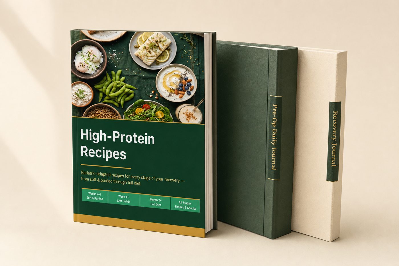 The High-Protein Bariatric Recipe Book standing beside the Pre-Op Daily Journal and Recovery Journal